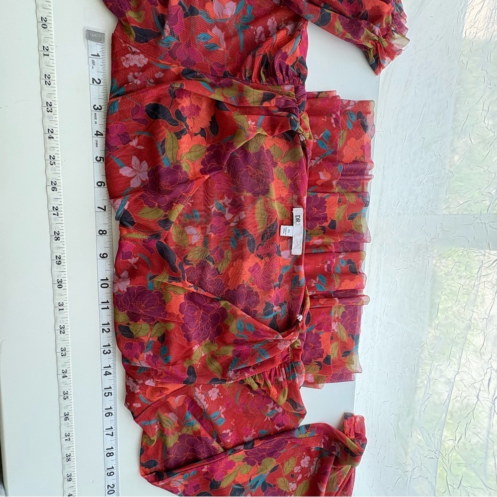 DR2 Daniel Rainn Mesh Floral Babydoll Top Sz. XS Orange Red Peplum Smocked Y2K - Picture 7 of 12